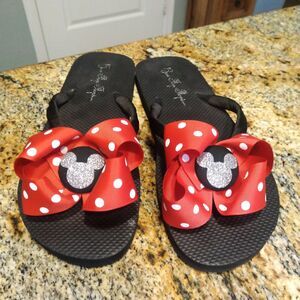 Cute Red Polka Dot Bow Ribbon Flip Flops with Mickey Mouse in Glitter 11/12